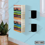 Modern floating wall shelves holding stacked books in a minimalist living room