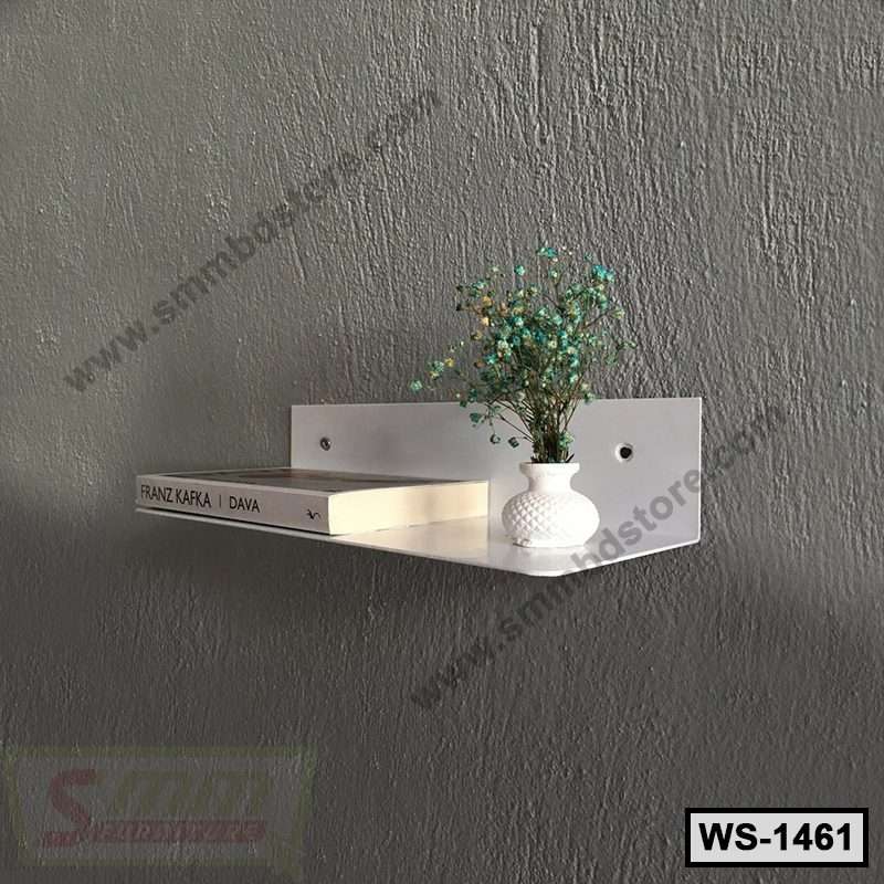Modern white wall shelf with book and small vase decor, mounted on gray textured wall