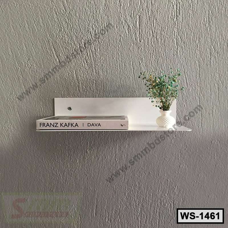 Modern white wall shelf with a book and small decorative vase on a textured gray wall