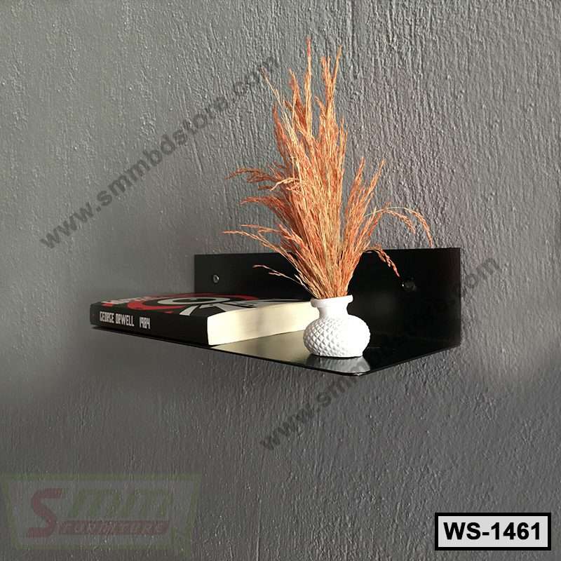 Modern black wall shelf with a book and decorative vase on a gray textured wall Main image
