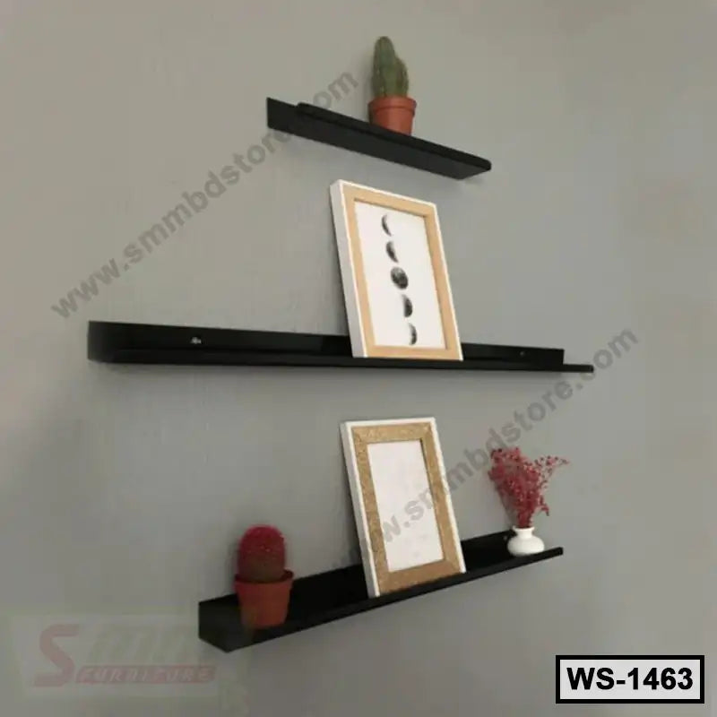 Modern black wall shelves with small potted plants and framed art on a gray wall