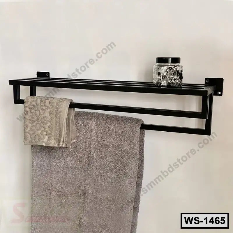 Modern black wall-mounted metal shelf with towel rack and jar, bathroom storage organizer Main image