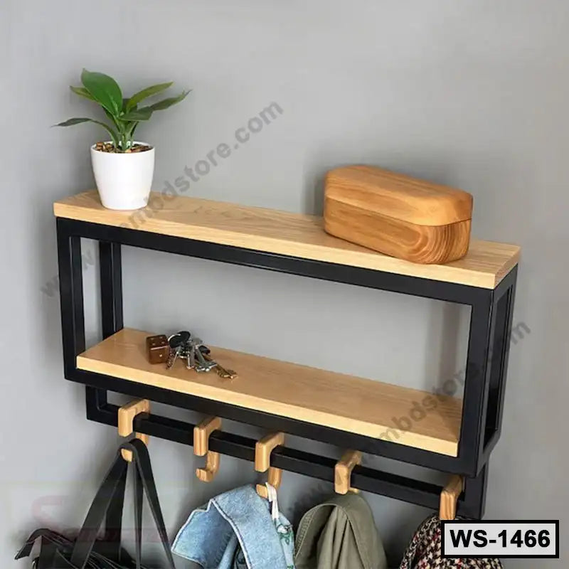 Modern wall shelf with black metal frame, wood shelves, hooks, and decorative items Main image