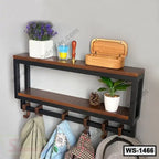 Modern wall shelf with hooks, plants, and storage box for home or office organization