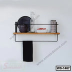 Modern wooden wall shelf with black metal frame, kitchen accessories, and towel holder
