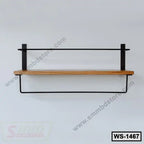 Modern wall shelf with wooden plank and black metal frame, home office storage decor