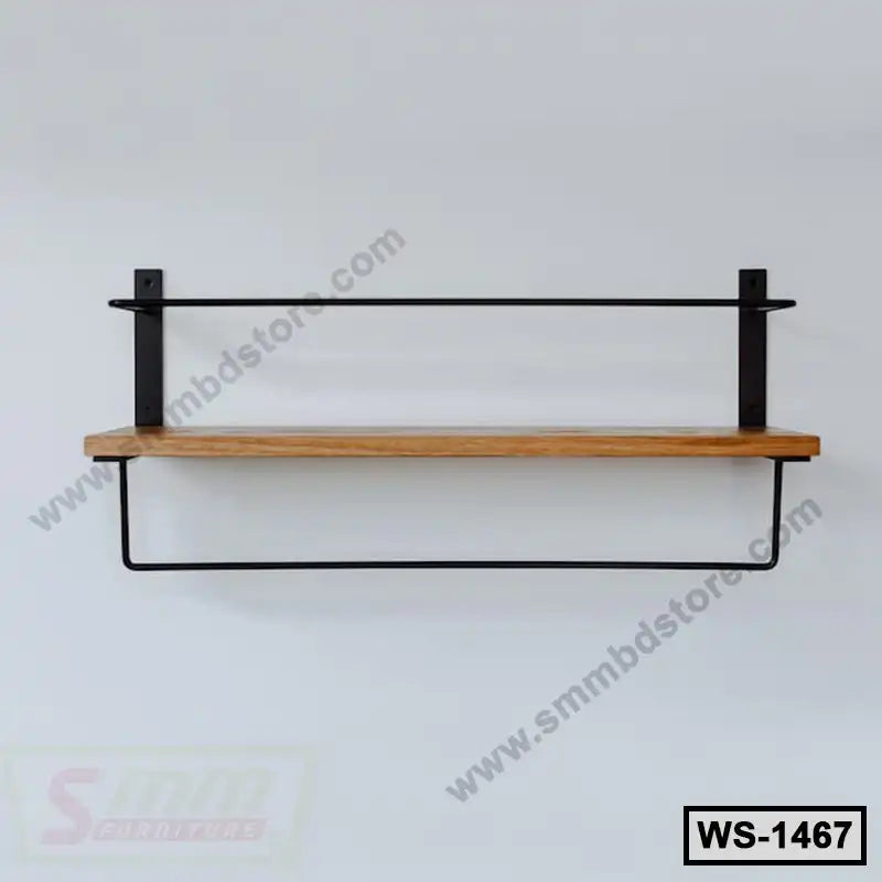 Modern wall shelf with wooden plank and black metal frame, home office storage decor