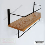 Modern wall-mounted wooden shelf with black metal frame, minimalist home decor