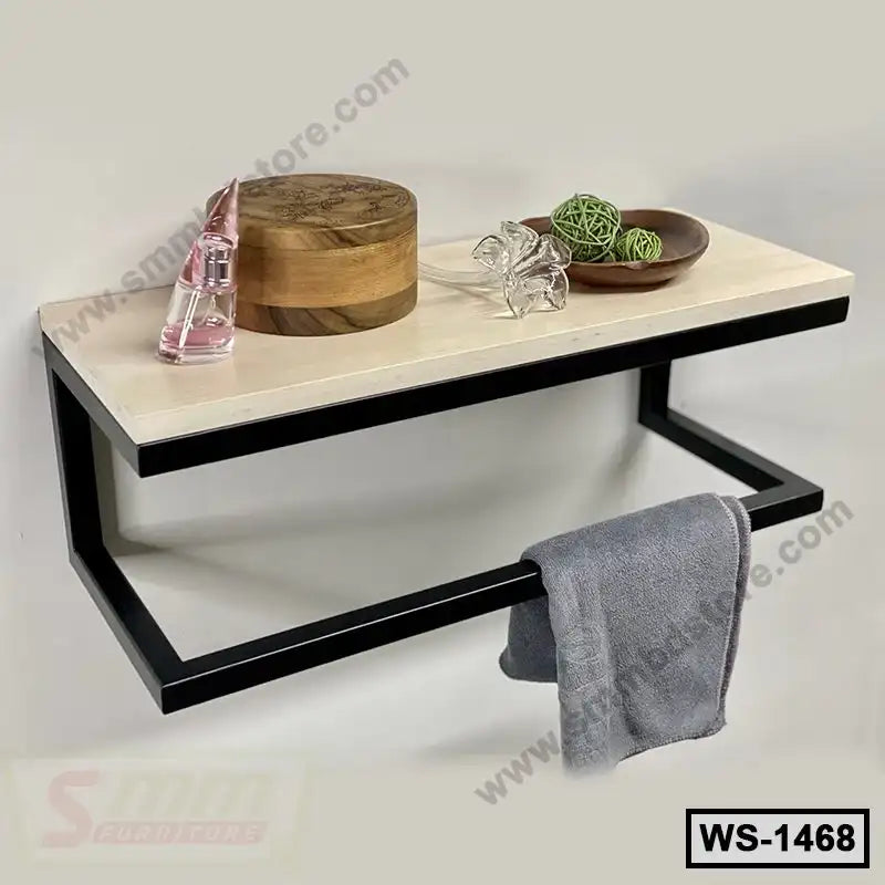 Modern wall-mounted shelf with black metal frame, wood top, and towel bar, styled for home or office use. Main image