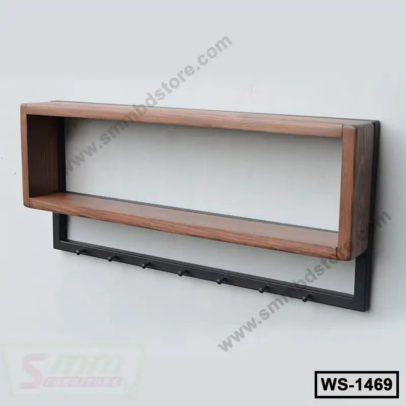 Modern wooden wall shelf with black hooks, perfect for home or office storage