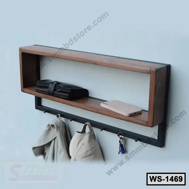 Modern wall shelf with hooks, holding hats, keys, a wallet, and a phone, ideal for entryway storage. Main image