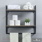 Wall-mounted shelf with towels, toilet paper, and small plant for modern bathroom storage
