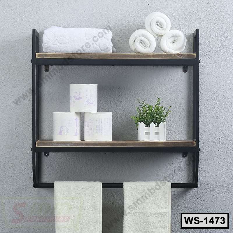 Wall-mounted shelf with towels, toilet paper, and small plant for modern bathroom storage