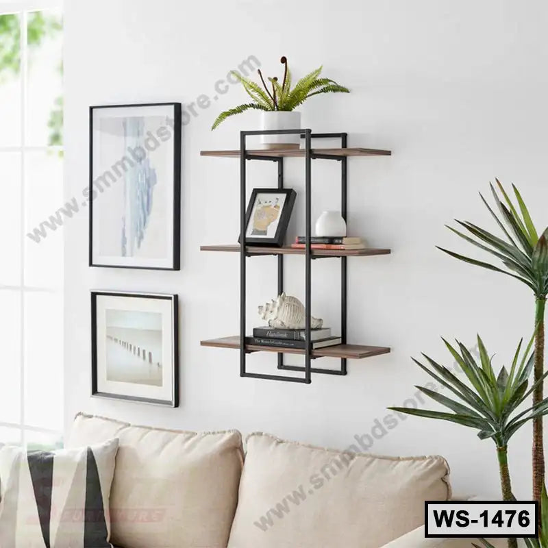 Modern wall shelf with black metal frame, wooden shelves, decor, and plants in a living room
