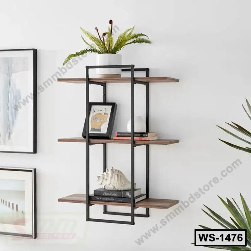 Modern wall-mounted shelf with black metal frame, wood shelves, decorative items and books.