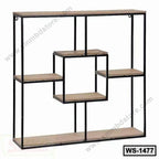 Modern wooden wall shelf with black metal frame, multi-tier design for home or office