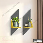 Modern wall shelf set with geometric yellow shelves and decorative vases for living room decor