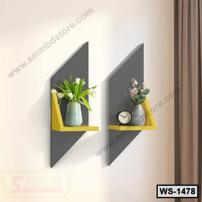 Modern wall shelf set with geometric yellow shelves and decorative vases for living room decor