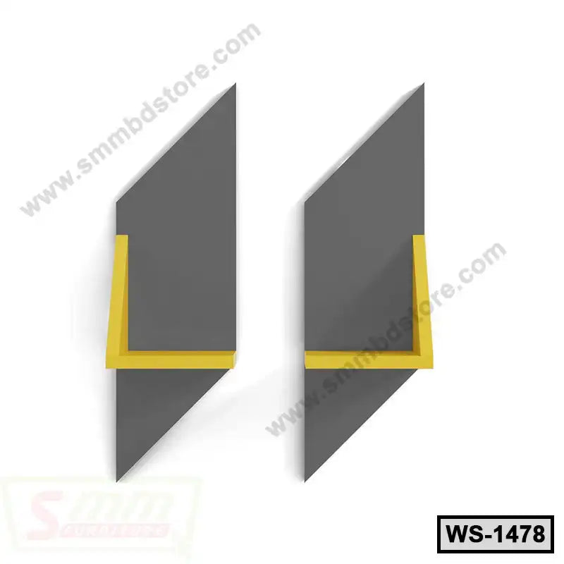 Modern wall shelf set with geometric grey panels and yellow accents, home decor furniture