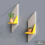 Modern wall shelves with yellow accents and potted plants on a gray wall