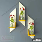 Modern wall shelves with yellow accents holding glass vases and red flowers on a grey wall