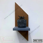 Modern geometric wall shelf with wood panel, gray platform, and potted succulent decor.