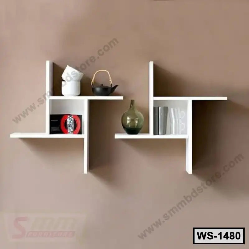 Modern white floating wall shelves with decor and books on a beige wall, home furniture