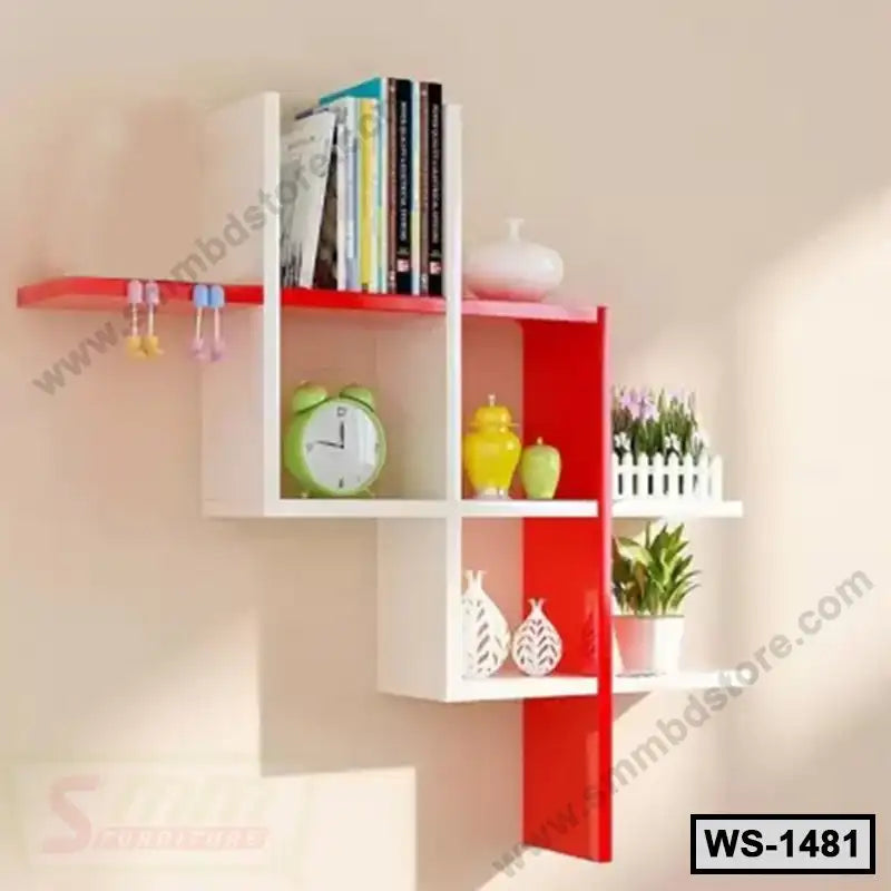 Modern red and white wall shelf with books, clock, vases, and decorative items Main image
