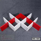 Modern wall shelf with intersecting red and white panels on a grey background