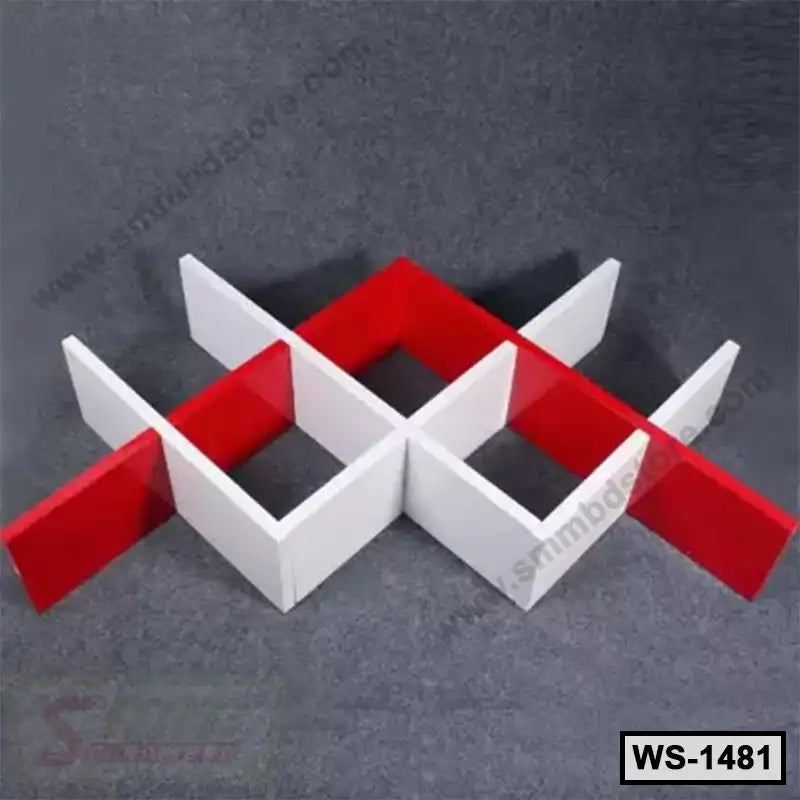 Modern wall shelf with intersecting red and white panels on a grey background