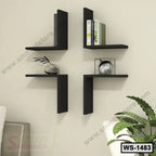 Modern black wall shelves with books and decor, mounted on a beige living room wall.