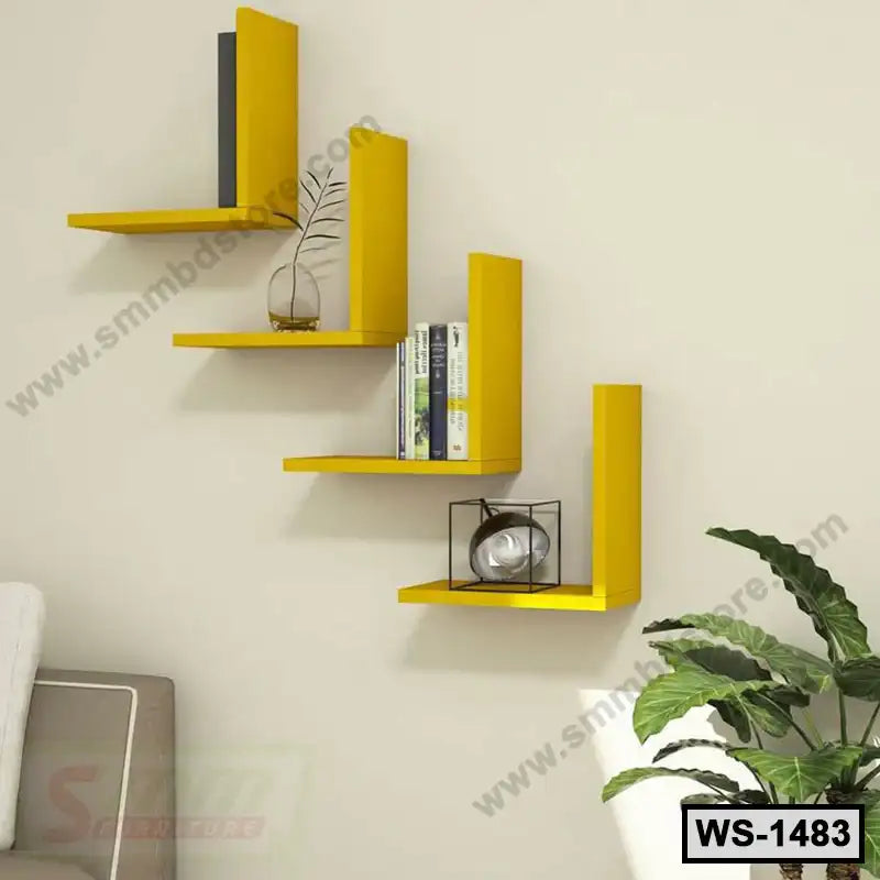 Modern yellow wall shelves with decor and books in a living room interior