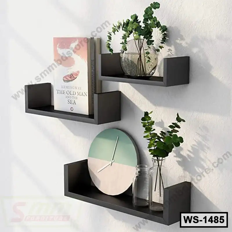 Modern wall shelves set with books, plants, and minimalist decor in a bright room