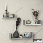 Modern wall-mounted floating shelves set with decorative vases, clock, and ornaments