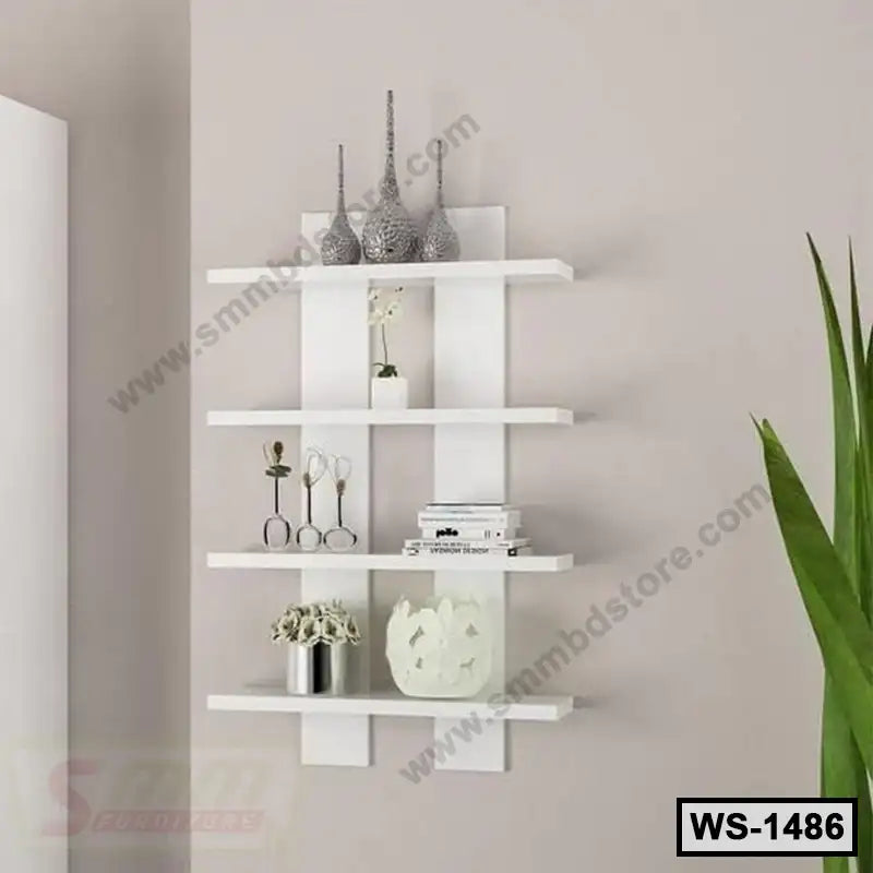 Modern white wall shelf with decorative vases, books, and plants in a minimalist room