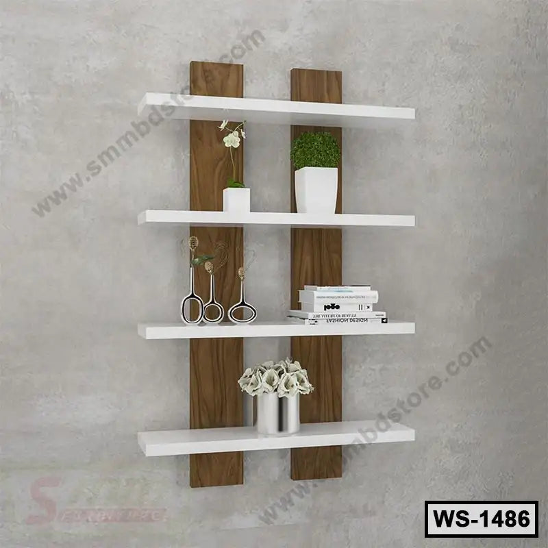 Modern wooden wall shelf with white floating shelves, decorated with plants and books. Main image