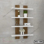 Modern wooden wall shelf with white floating shelves, decorated with plants and books.