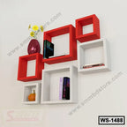 Modern wall shelf with red and white square compartments, books, vase, and decor items
