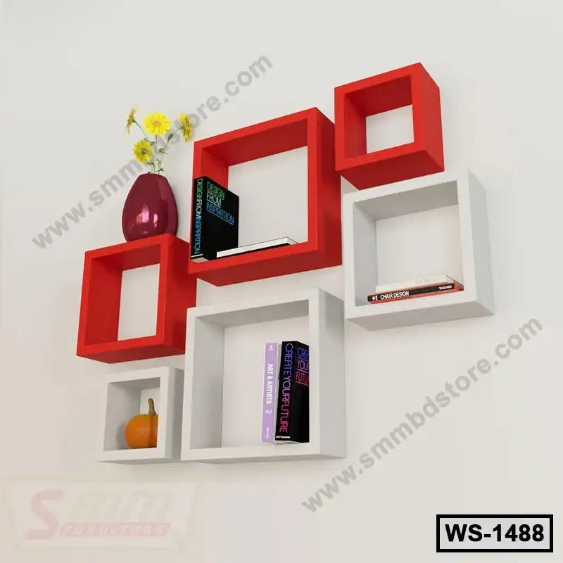 Modern wall shelf with red and white square compartments, books, vase, and decor items