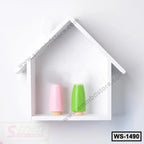 Modern white wall shelf in house shape with two decorative vases, minimalist home décor
