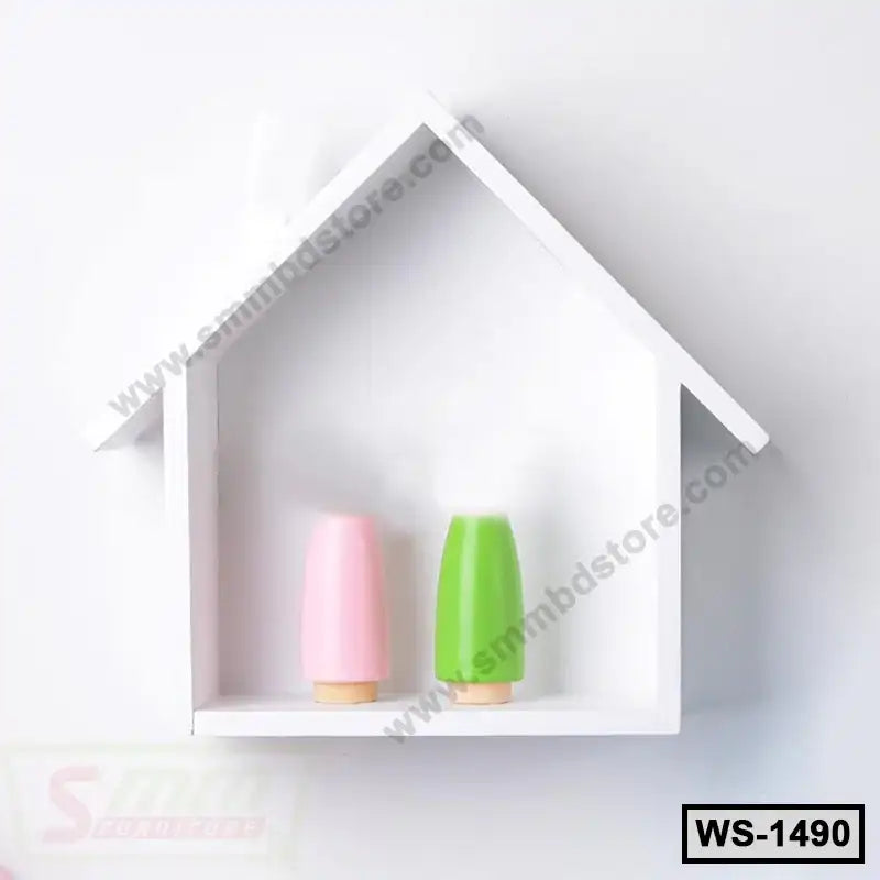 Modern white wall shelf in house shape with two decorative vases, minimalist home décor