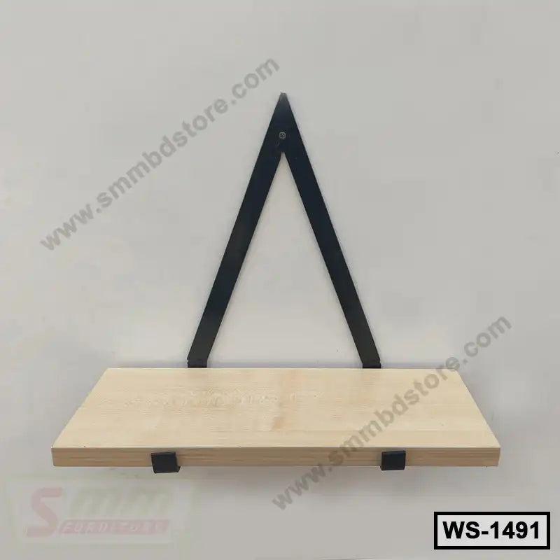 Modern wooden wall shelf with black metal brackets, minimalist home or office decor