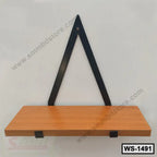 Modern wooden wall shelf with black metal triangular bracket, ideal for home and office decor.