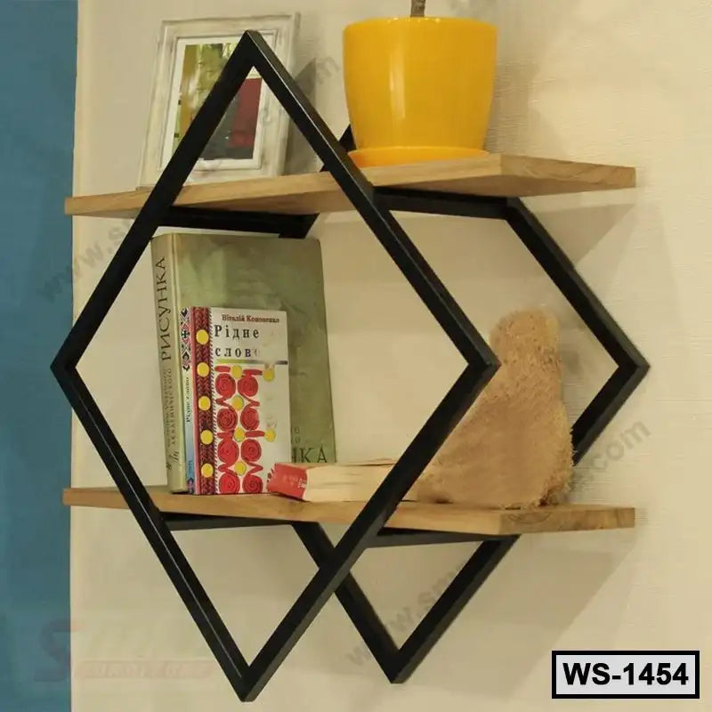 Modern wall shelf with black geometric metal frame, wood shelves, books, yellow planter Main image