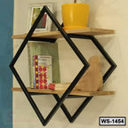 Modern wall shelf with black geometric metal frame, wood shelves, books, yellow planter