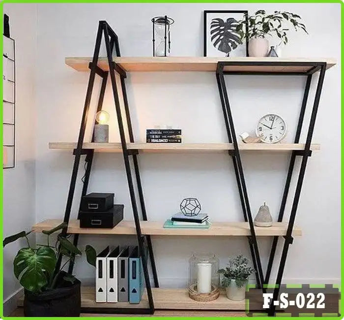 Modern wall shelves with books, home decor, plants, and stylish black metal frame. Main image