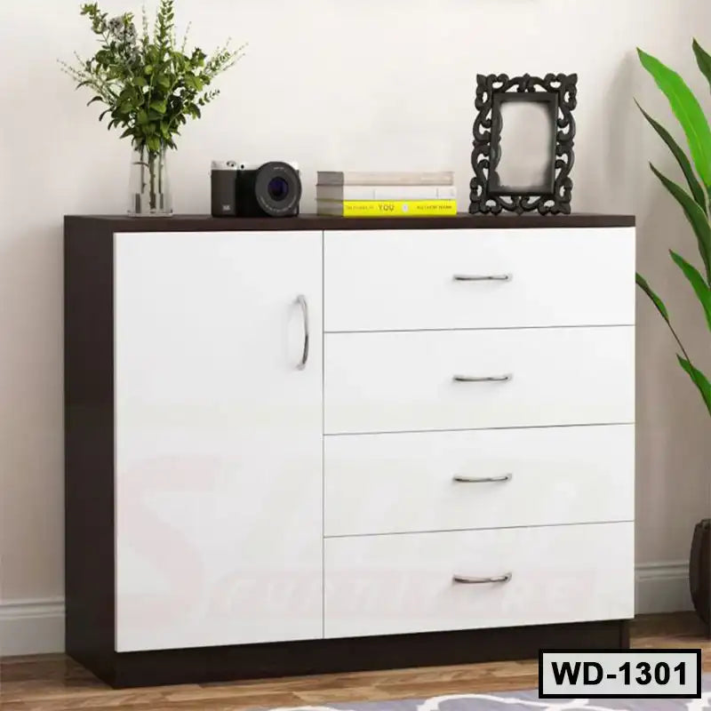 Modern white and brown wooden wardrobe with drawers, decor, and indoor plants in living room