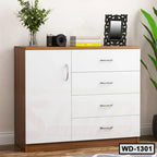 Modern white wooden wardrobe with drawers and door, decorative items on top, home interior furniture