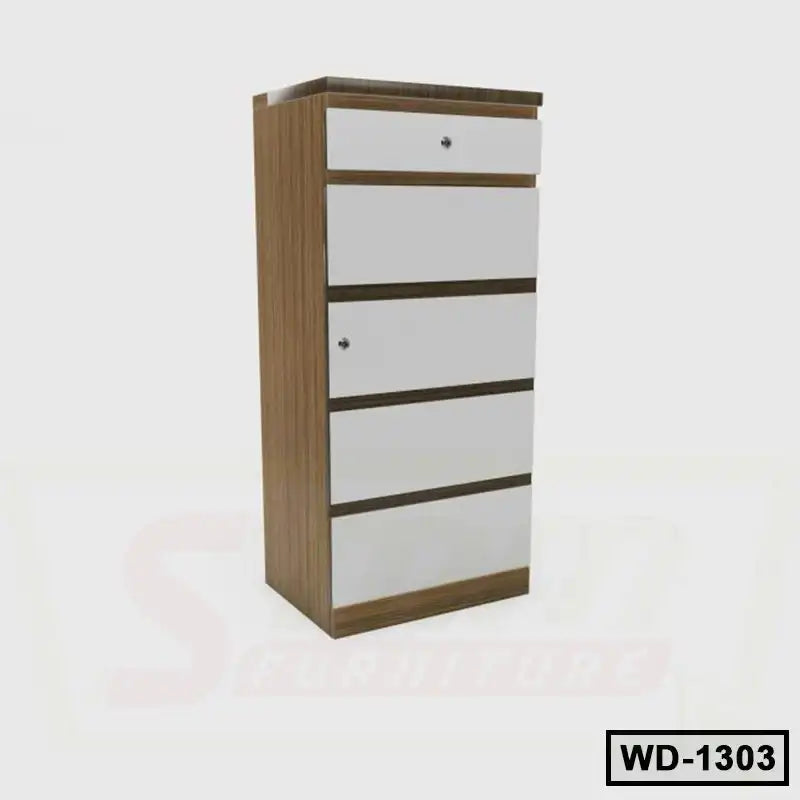 Modern wooden wardrobe with white drawers, compact storage cabinet for home or office