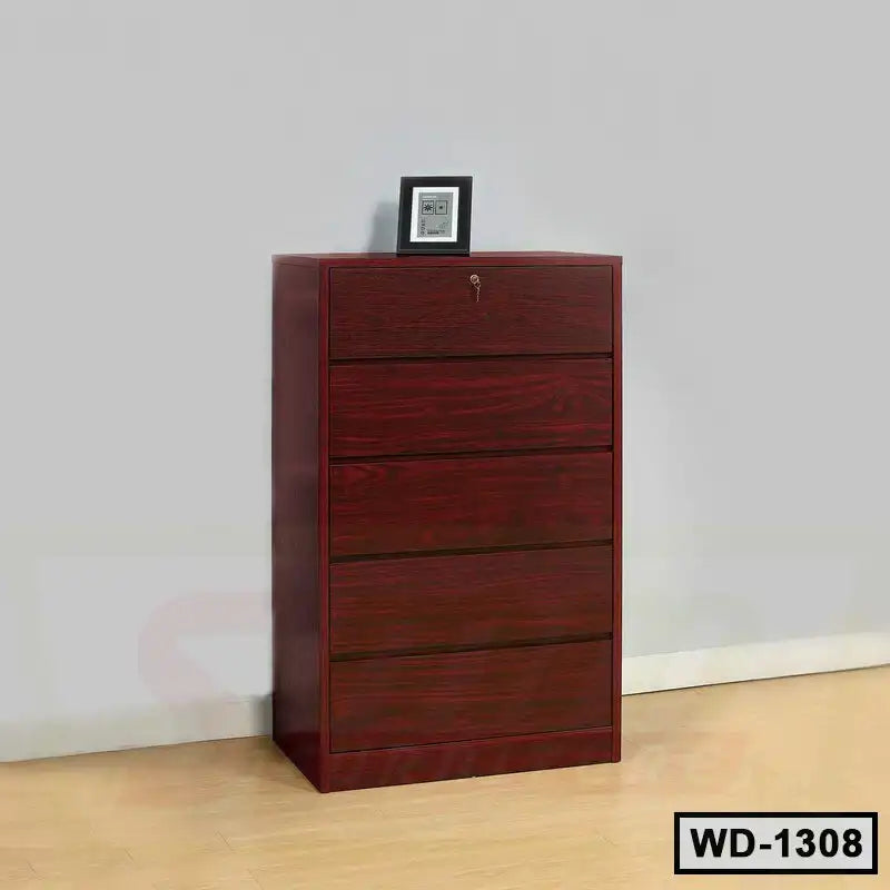Modern wooden wardrobe with four drawers, lockable top compartment, and a framed photo on top